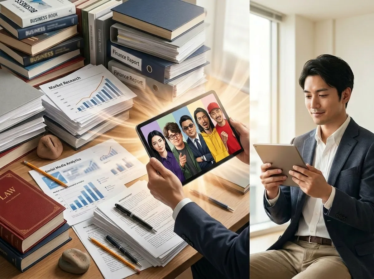 分散したビジネス知識が討論番組に集約されるイメージ