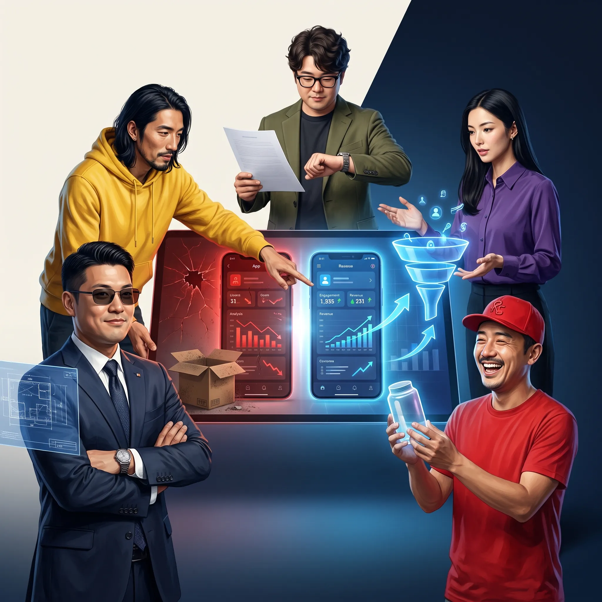 売れなかった事業案を5人のAI審査員が再設計するイメージ